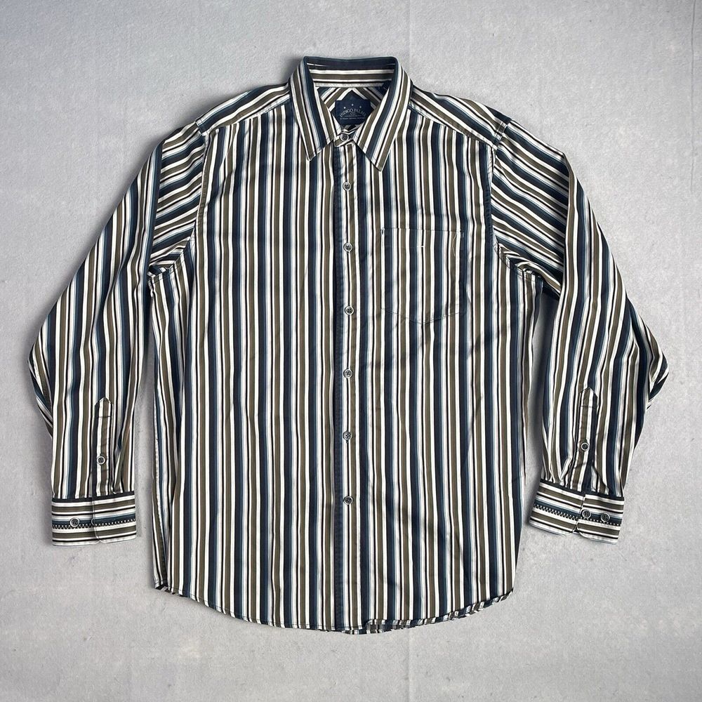 Indigo Palms Casual Dress Shirt Men Large Striped Button Down‎ Button Front Blue